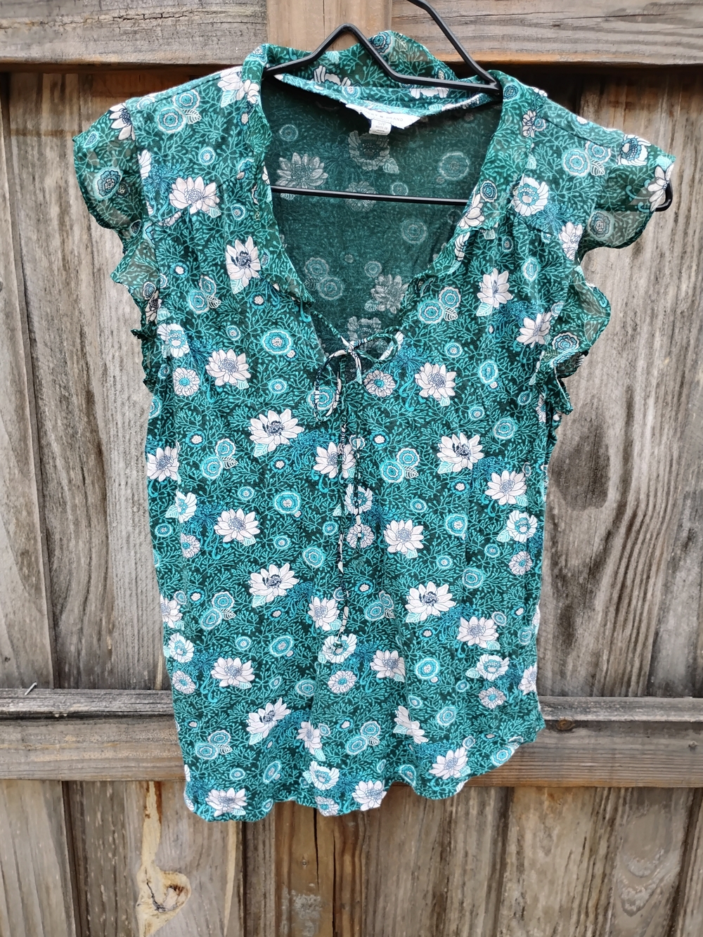 Lucky Brand Floral Top Womens Size S Ruffle Sleeve Boho Teal Green